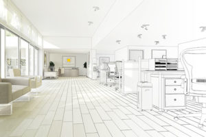Ästhetisches Bürodesign zwischen Realität und Zeichnung.