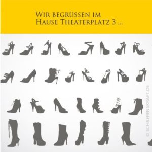 Schattenriss verschiedener Damenschuhe auf gelbem Hintergrund.