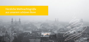 Weihnachtsgrüße aus Bonn mit Stadtbild im Hintergrund.