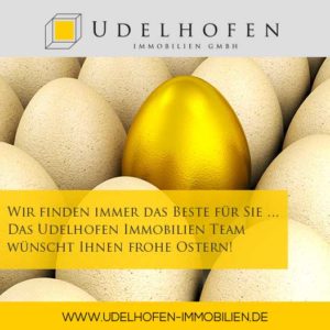 Udelhofen Immobilien wünscht frohe Ostern mit goldenen Ei.