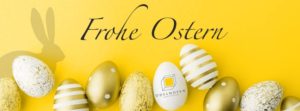 Frohe Ostern: Dekorative Eier und Hase auf Gelb